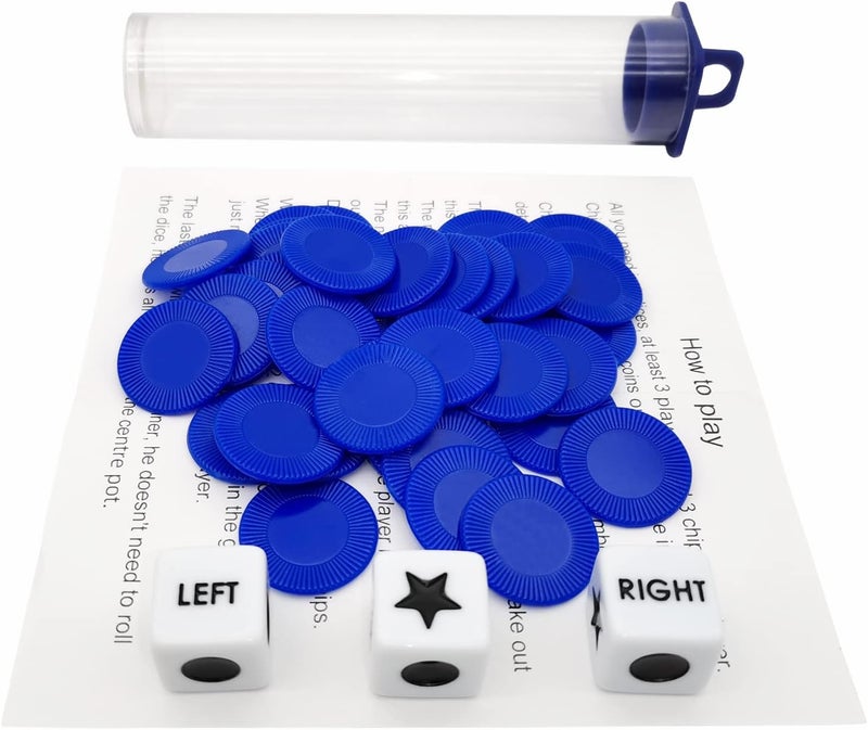 Ahoper Left Right Center Dice Game Prime Set Bundle with 3 Dices + 36 Chips. Round Tube Storage is Very Convenient for Travel. Easy to Store, Carry Around. (Blue) - Image 3